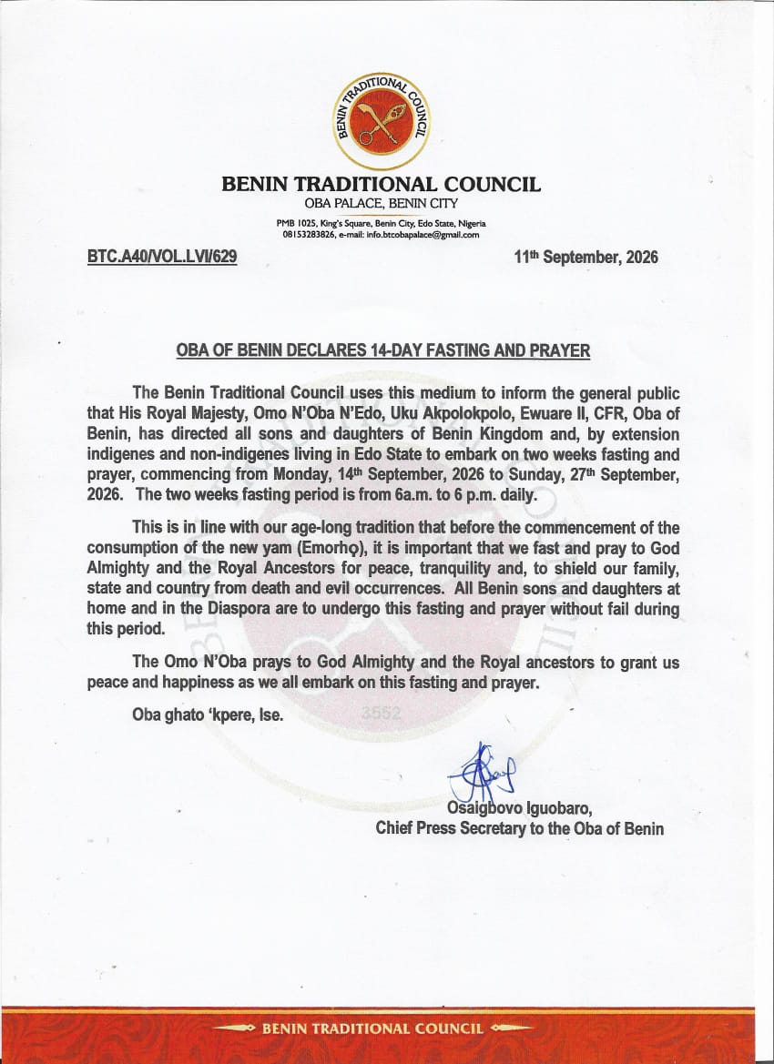 OBA OF BENIN DECLARES 14-DAY FASTING AND PRAYER